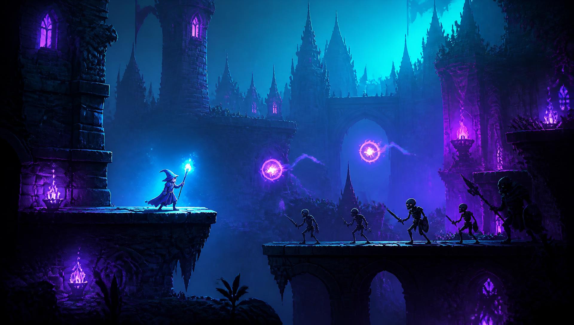A wizard hero facing skeleton enemies in a glowing dark castle game world
